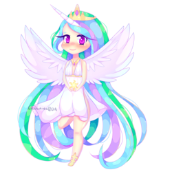 Size: 2000x2000 | Tagged: safe, artist:lildanica, princess celestia, human, g4, blushing, chibi, clothes, colored pupils, dress, female, flying, high res, horn, horned humanization, humanized, looking at you, signature, simple background, smiling, solo, spread wings, sundress, transparent background, winged humanization