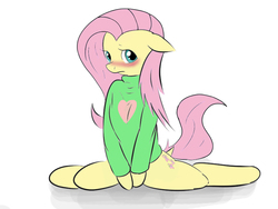 Size: 800x600 | Tagged: safe, artist:monanniverse, derpibooru exclusive, fluttershy, pegasus, pony, g4, blushing, bottomless, clothes, cute, dock, female, flexible, floppy ears, heart, looking at you, mare, partial nudity, shyabetes, simple background, solo, splits, sweater, sweatershy, white background