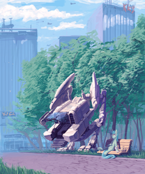 Size: 4960x5959 | Tagged: safe, artist:quiet-victories, lyra heartstrings, absurd resolution, bench, city, cloud, cloudy, female, fence, grass, mecha, park, path, satellite, skyscraper, soda, solo, tree