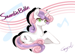 Size: 1500x1080 | Tagged: safe, artist:r-1629, sweetie belle, pony, unicorn, g4, alternate cutie mark, cute, diasweetes, female, mare, music notes, older, older sweetie belle, pixiv, prone, solo