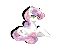 Size: 1500x1080 | Tagged: dead source, safe, artist:r-1629, sweetie belle, pony, unicorn, g4, alternate cutie mark, colored pupils, cute, diasweetes, female, mare, older, older sweetie belle, pixiv, prone, simple background, solo, white background
