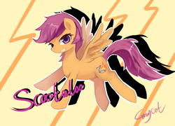 Size: 1000x720 | Tagged: dead source, safe, artist:r-1629, scootaloo, pegasus, pony, g4, abstract background, alternate cutie mark, female, mare, older, older scootaloo, pixiv, signature, smiling, smirk, solo, spread wings, wings