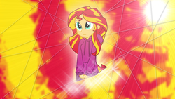 Size: 1920x1080 | Tagged: safe, artist:germanmcpictures, artist:yanoda, sunset shimmer, equestria girls, g4, my little pony equestria girls: rainbow rocks, clothes, female, hoodie, lens flare, pajamas, shy, solo, sun, sunshine shimmer, vector, wallpaper