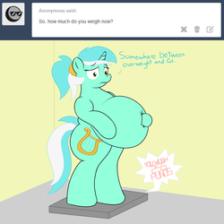 Size: 5000x5000 | Tagged: safe, artist:zeldafan777, lyra heartstrings, ask fatbelliedlyra, absurd resolution, alternate hairstyle, ask, belly button, big belly, bipedal, fat, female, hoof on belly, lard-ra heartstrings, obese, scale, solo, tumblr