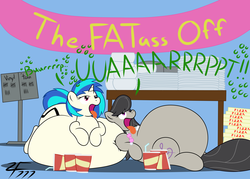 Size: 7000x5000 | Tagged: safe, artist:zeldafan777, dj pon-3, octavia melody, vinyl scratch, earth pony, pony, unicorn, g4, absurd resolution, adorafatty, belly, belly bed, big belly, burp, eating contest, fat, fatavia, food, huge belly, immobile, impossibly large belly, morbidly obese, obese, on back, overweight, pizza, prone, soda, squishy, stuffed, stuffing, tongue out, vinyl fat, weight gain