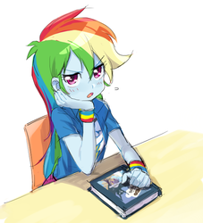 Size: 544x600 | Tagged: dead source, safe, artist:baekgup, daring do, rainbow dash, equestria girls, g4, my little pony equestria girls: rainbow rocks, blushing, book, chair, clothes, embarrassed, female, looking at you, open mouth, simple background, sitting, solo, sweatdrop, table, white background, wristband