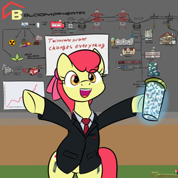 Size: 3000x3000 | Tagged: safe, artist:orang111, apple bloom, pony, twittermite, bloom & gloom, g4, badge, bipedal, boss, business, business suit, company, electricity, engine, engineering, gold tooth, graph paper, high res, inventor, power line, train