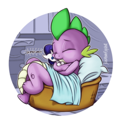 Size: 1300x1300 | Tagged: safe, artist:jcosneverexisted, rarity, spike, dragon, g4, baby, baby dragon, basket, blanket, cuddling, cute, eyes closed, fangs, male, pillow, plushie, rarity plushie, sparilush, spikabetes