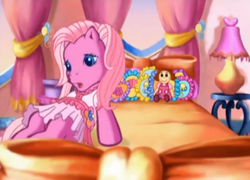 Size: 651x470 | Tagged: safe, screencap, pinkie pie (g3), human, g3, bed, doll, starsong and the magic dance shoes