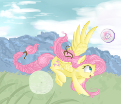 Size: 2962x2530 | Tagged: safe, artist:segraece, fluttershy, g4, alternate hairstyle, braid, braided tail, dandelion, female, high res, looking up, open mouth, prancing, profile, running, smiling, solo, spread wings