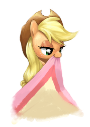 Size: 500x700 | Tagged: safe, artist:30clock, applejack, earth pony, pony, g4, applejack's hat, cowboy hat, female, hat, lidded eyes, mare, mouth hold, solo