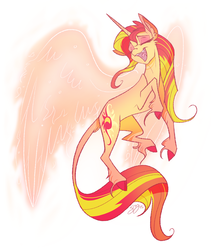 Size: 1000x1186 | Tagged: safe, artist:probablyfakeblonde, sunset shimmer, classical unicorn, pony, unicorn, g4, cloven hooves, female, fiery wings, horn, leonine tail, solo, sunset phoenix