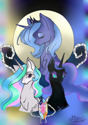 Size: 844x1196 | Tagged: safe, artist:longinius, artist:mew-vocaloid, edit, nightmare moon, princess celestia, princess luna, alicorn, pony, g4, bedroom eyes, colored, duality, eyelashes, eyes closed, frown, s1 luna, thorn