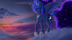 Size: 1920x1079 | Tagged: safe, artist:twotail813, princess luna, rcf community, g4, alternate hairstyle, cloud, cloudy, crepuscular rays, explicit source, female, solo, spread wings, sunset