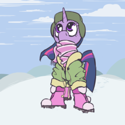 Size: 1000x1000 | Tagged: safe, artist:acidandgrit, twilight sparkle, g4, boots, clothes, female, hat, scarf, snow, solo, winter