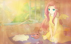 Size: 1024x640 | Tagged: dead source, safe, artist:dacapo24, fluttershy, human, g4, female, game gear, humanized, pouting, solo, watermark, winged humanization