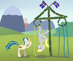 Size: 1000x830 | Tagged: safe, artist:manateemckenzie, derpy hooves, oc, oc:pia ikea, pegasus, pony, g4, facehoof, female, flag, hanging, mare, maypole, midsummer, mountain, pole, sweden