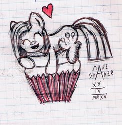 Size: 882x905 | Tagged: safe, artist:mane-shaker, pinkie pie, g4, cupcake, cute, cuteamena, female, graph paper, happy, heart, open mouth, pinkamena diane pie, solo, traditional art