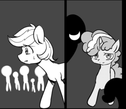 Size: 1024x891 | Tagged: safe, artist:yajima, double diamond, party favor, g4, the cutie map, grayscale, monochrome