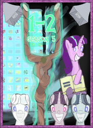 Size: 1700x2338 | Tagged: safe, artist:sadlylover, double diamond, party favor, starlight glimmer, sugar belle, earth pony, pony, unicorn, g4, the cutie map, cutie mark vault, equalized, female, magic, male, mare, s5 starlight, staff, staff of sameness, stalin glimmer, stallion