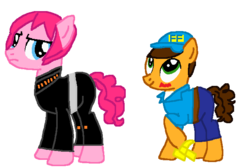 Size: 676x454 | Tagged: safe, artist:broadwayunicorn123, cheese sandwich, pinkie pie, earth pony, pony, g4, alternate hairstyle, calhoun, clothes, cosplay, costume, crossover, female, fix-it felix jr., male, mare, simple background, stallion, white background, wreck-it ralph