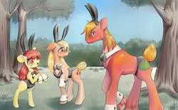 Size: 3236x2000 | Tagged: safe, artist:unousaya, apple bloom, applejack, big macintosh, earth pony, pony, g4, apple siblings, bunny suit, bunnyjack, clothes, costume, female, high res, leotard, male, mare, playboy bunny, siblings, stallion