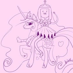 Size: 2048x2048 | Tagged: safe, artist:aimihanibal, princess celestia, alicorn, pony, g4, 30 minute art challenge, adventure time, all hail the pink colour, crossover, female, high res, lineart, male, mare, monochrome, princess bubblegum, riding