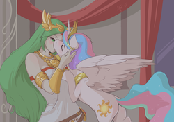 Size: 1280x902 | Tagged: safe, artist:ajin, princess celestia, human, pony, g4, bedroom eyes, bipedal, bipedal leaning, blushing, breasts, butt, crack shipping, crossover, eyes closed, female, goddess, human female, human on pony action, interspecies, kid icarus, kiss on the lips, kissing, leaning, lesbian, mare on human female, palulestia, palutena, plot, shipping, spread wings