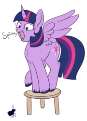 Size: 457x635 | Tagged: safe, artist:lulubell, twilight sparkle, alicorn, pony, spider, g4, arachnophobia, female, mare, open mouth, question mark, raised leg, scared, screaming, simple background, solo, spread wings, stool, transparent background, twilight sparkle (alicorn), unshorn fetlocks, wide eyes