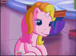 Size: 787x576 | Tagged: safe, screencap, rarity (g3), g3, the runaway rainbow, animated, cute, female, frown, g3 raribetes, looking at you, sigh, sitting, smiling, solo