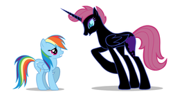 Size: 630x360 | Tagged: safe, artist:mixermike622, rainbow dash, scootaloo, alicorn, pegasus, pony, g4, alicornified, blank flank, duo, female, height difference, mare, nightmare scootaloo, race swap, scootacorn, simple background