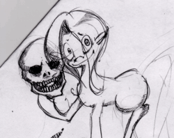 Size: 1389x1101 | Tagged: safe, artist:le chat tombe de la fenêtre, fluttershy, g4, monochrome, skull, traditional art