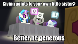 Size: 500x283 | Tagged: safe, dj pon-3, octavia melody, rarity, vinyl scratch, earth pony, pony, unicorn, bloom & gloom, g4, season 5, card, facehoof, image macro, judges, meme, music judges meme, nepotism, score, score cards, table, vinyl and octavia are not impressed