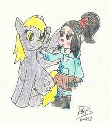 Size: 482x547 | Tagged: safe, artist:starlighthope15, derpy hooves, pegasus, pony, g4, crossover, female, mare, traditional art, vanellope von schweetz, wreck-it ralph