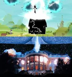 Size: 500x535 | Tagged: safe, twittermite, bloom & gloom, g4, barn, coincidence i think not, comparison, independence day (movie), lightning, reference, sweet apple acres, white house