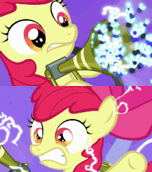 Size: 640x720 | Tagged: safe, screencap, apple bloom, twittermite, bloom & gloom, g4, animated, comparison, female, pest control gear, twitbuster apple bloom