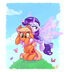 Size: 1600x1750 | Tagged: safe, artist:whitediamonds, applejack, rarity, butterfly, earth pony, pony, unicorn, rarijack daily, g4, applejack's hat, blushing, butterfly wings, cowboy hat, duo, duo female, eyes closed, female, flying, glimmer wings, gritted teeth, hat, lesbian, mare, ship:rarijack, shipping, smiling, straining, sweat, teeth, wings