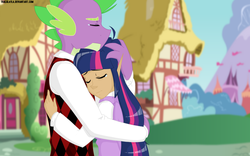 Size: 1600x1000 | Tagged: safe, artist:tralalayla, spike, twilight sparkle, human, anthro, castle sweet castle, g4, crying, elf ears, hug, humanized, winged humanization