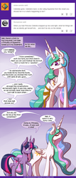 Size: 740x1726 | Tagged: safe, artist:deusexequus, princess celestia, twilight sparkle, alicorn, pony, ask the princess of friendship with benefits, g4, comic, female, mare, rope, tongue out, twilight sparkle (alicorn)