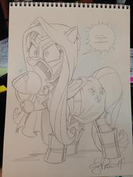 Size: 951x1268 | Tagged: safe, artist:andypriceart, fluttershy, cyborg, g4, crossover, doctor doom, female, monochrome, solo, traditional art