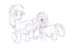 Size: 2761x1849 | Tagged: source needed, safe, artist:seenty, apple bloom, applejack, earth pony, pony, g4, male, mommabloom, monochrome, older, pregnant, stallion, straight, traditional art