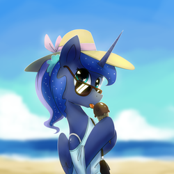 Size: 1200x1200 | Tagged: safe, artist:anticular, princess luna, pony, ask sunshine and moonbeams, g4, alternate hairstyle, beach, bipedal, clothes, cute, female, hat, hoof hold, ice cream, ice cream cone, licking, looking at you, open mouth, ponytail, shirt, solo, sunglasses, tongue out