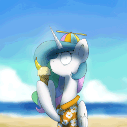 Size: 1200x1200 | Tagged: safe, artist:anticular, princess celestia, alicorn, pony, ask sunshine and moonbeams, g4, :p, animated, banana, beach, bipedal, clothes, eye clipping through hair, female, folded wings, gif, hat, hoof hold, ice cream, ice cream cone, licking, looking at you, mare, propeller hat, shirt, solo, tongue out, wat, wide eyes, wings