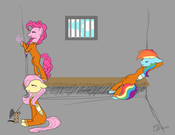 Size: 1024x791 | Tagged: safe, artist:armouredsketch, fluttershy, pinkie pie, rainbow dash, earth pony, pegasus, pony, rat, g4, bars, bound wings, clothes, crayon, crayon drawing, jumpsuit, prison, prison outfit, prisoner fs, prisoner pp, prisoner rd, shirt, traditional art, trio, undershirt, wings