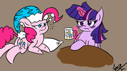 Size: 1280x720 | Tagged: safe, artist:gc-theroseking, pinkie pie, princess celestia, twilight sparkle, alicorn, pony, g4, cup, hat, magic, pillow, telekinesis, twilight sparkle (alicorn)