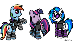 Size: 1500x860 | Tagged: safe, artist:mindofnoodles, dj pon-3, rainbow dash, twilight sparkle, vinyl scratch, g4, clothes, hoodie, leg warmers, simple background, transparent background