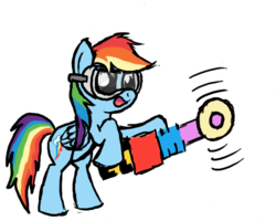 Size: 1200x960 | Tagged: safe, artist:mindofnoodles, rainbow dash, g4, buzzsaw, circular saw, female, goggles, japan break industries, saw, simple background, solo, transparent background, youtube link