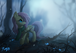 Size: 1200x838 | Tagged: safe, artist:hioshiru, fluttershy, pegasus, pony, g4, clothes, female, forest, mare, scarf, solo, walking