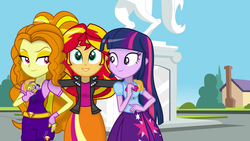 Size: 4800x2700 | Tagged: safe, adagio dazzle, sunset shimmer, twilight sparkle, equestria girls, g4, clothes, courtyard, cute, female, fingerless gloves, gloves, high res, horse statue, jacket, leather jacket, lesbian, ship:sunsagio, ship:sunsetsparkle, shipping, skirt, trio, twilight sparkle (alicorn), vector