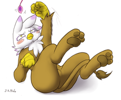 Size: 858x706 | Tagged: safe, artist:i am nude, gilda, griffon, g4, behaving like a cat, catbird, cute, featureless crotch, female, gildadorable, griffons doing cat things, paw pads, playing, simple background, solo, white background